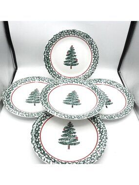 FUO5 by Furio 10-3/8 In. Dinner Plates Spongeware Christmas Tree Set of 5 Italy